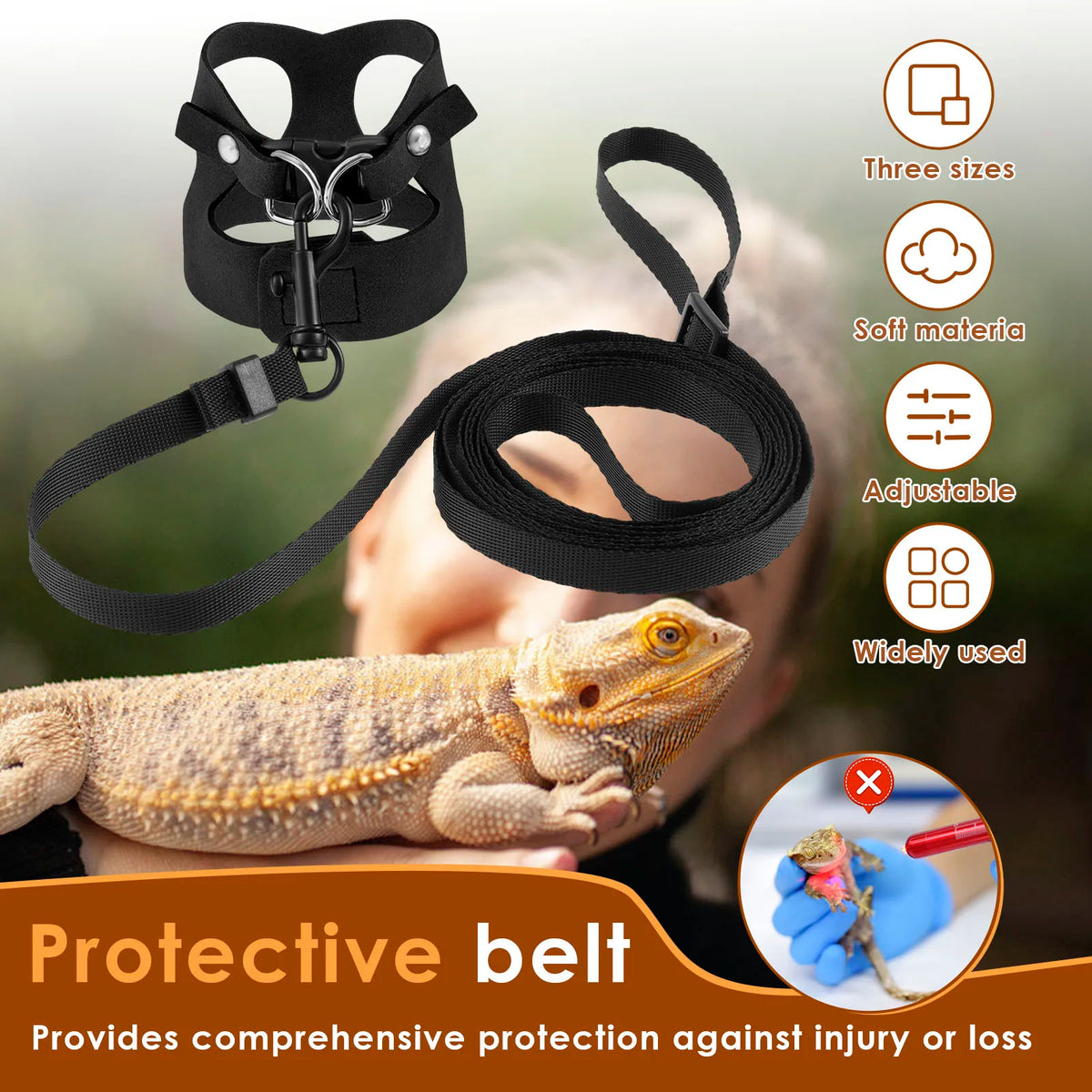 Black protective belt, harness, and leash set for small pets, shown next to a lizard.