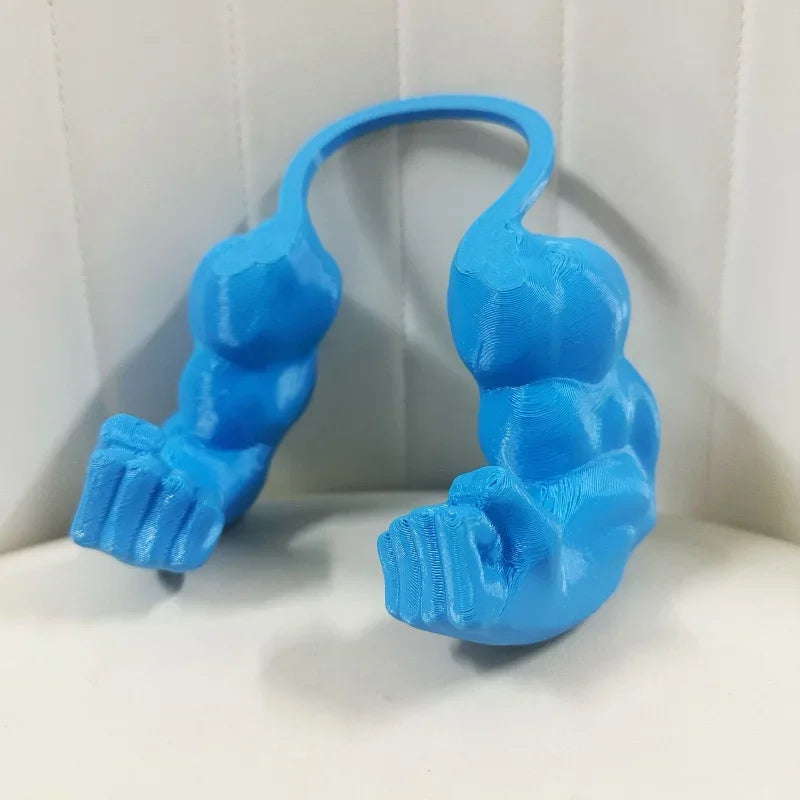 A bright blue 3D printed accessory shaped like a cat muscle arm for a toy or craft.