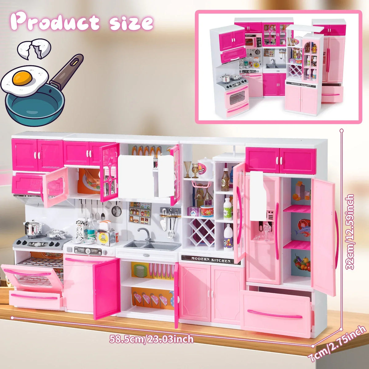 A pink 5-piece pretend play kitchen set with lights and sounds featuring cabinets and appliances.