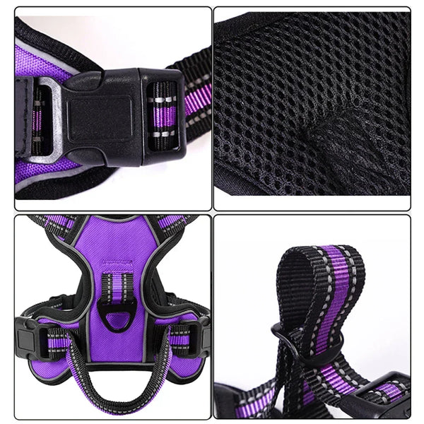 A purple and black reflective dog harness vest shown in various close-up angles.