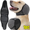 A light-colored dog is wearing a black adjustable ear cover designed for noise relief and calming.