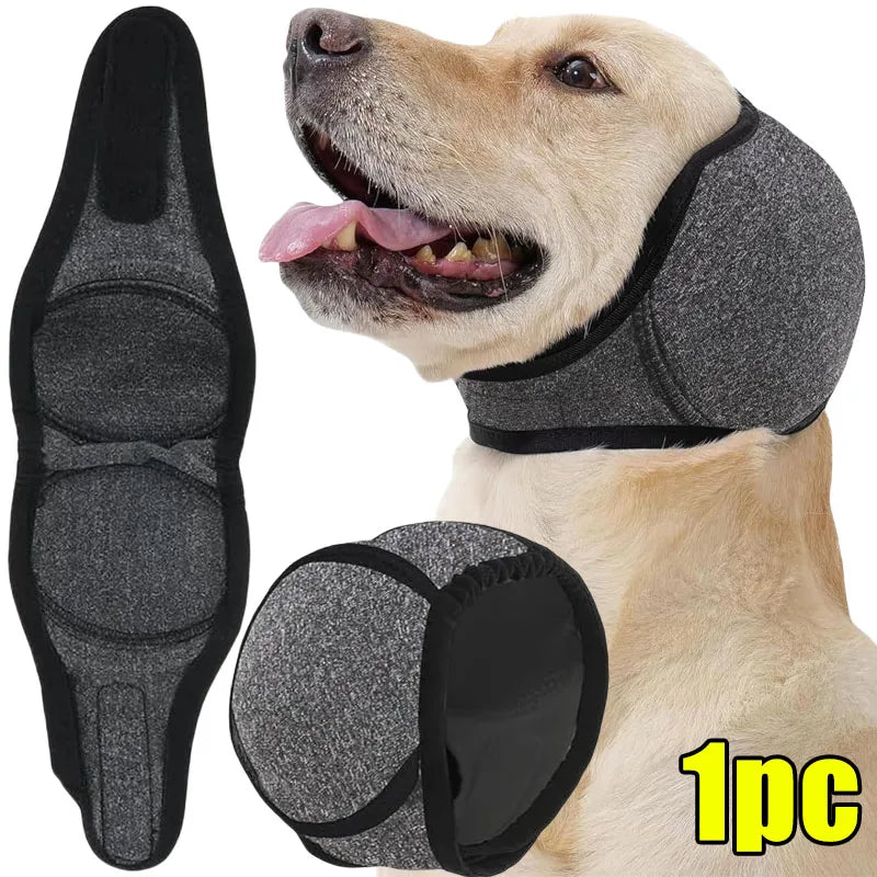 A light-colored dog is wearing a black adjustable ear cover designed for noise relief and calming.