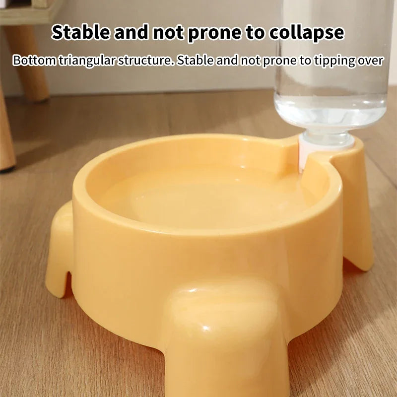 A yellow automatic pet water dispenser with a triangular base, designed to be stable and prevent tipping.