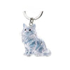 Klares Acryl-Figur einer sitzenden Katze, befestigt an einem silbernen Schlüsselanhänger.