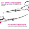 A pair of stainless steel pet straight scissors and curved scissors for grooming.