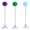 Three colorful spring cat toys with felt balls on metal rods and suction cup bases