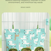 A light blue fabric bag with multiple holes is filled with hay, hanging inside a wire cage.