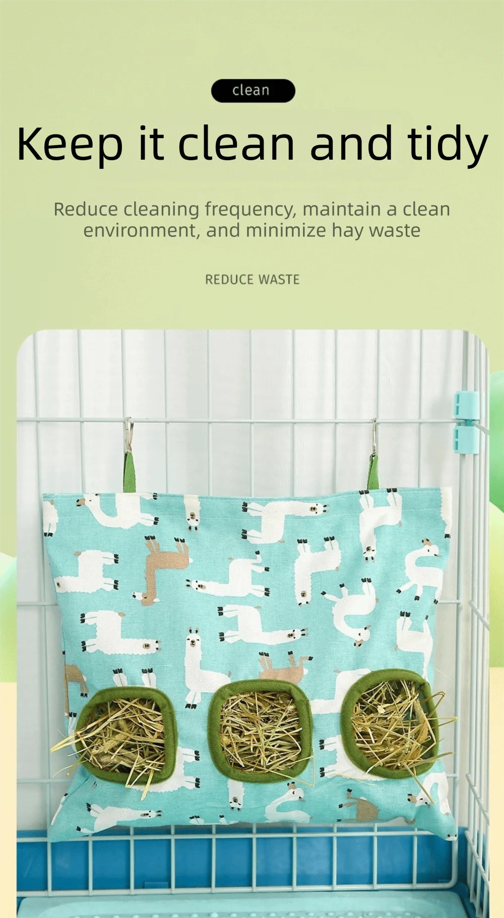 A light blue fabric bag with multiple holes is filled with hay, hanging inside a wire cage.