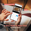 Hands hold a smartphone displaying an interface for a pet feeder, demonstrating 2-way audio and real-time interaction.