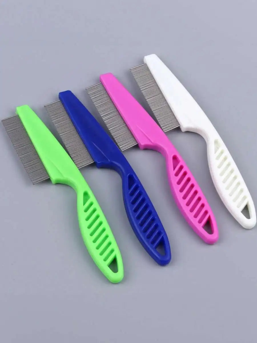 A collection of five fine-toothed stainless steel pet grooming combs in various colors including green, blue, pink, white, an