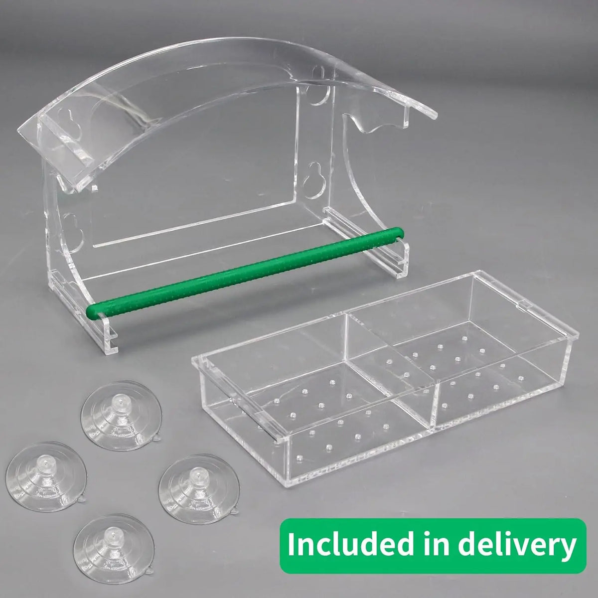 Clear acrylic window bird feeder with a tray and multiple suction cups included in delivery