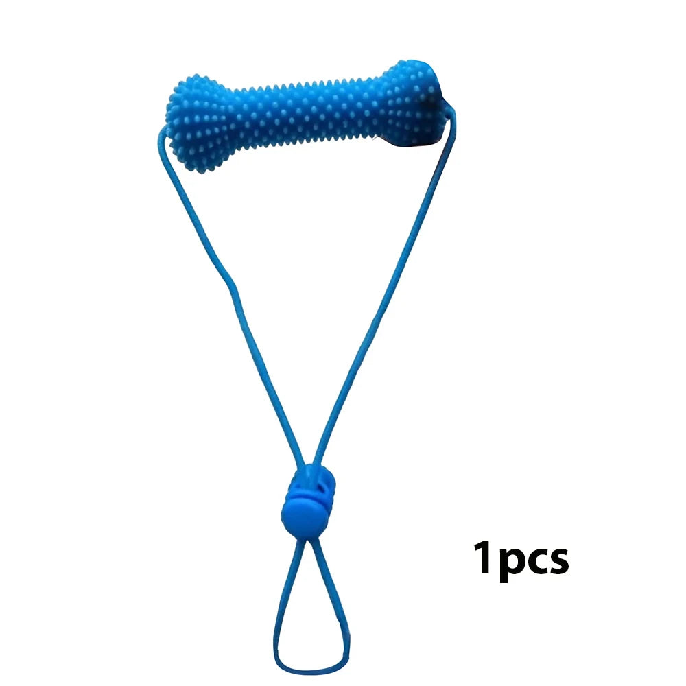Blue 2-in-1 dog chew toy featuring a textured head and a long dental cleaning rope.