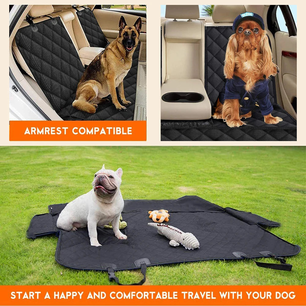 Un siège voiture pour chien imperméable, transformé en hamac, avec un chien et un petit jouet sur une pelouse verte.