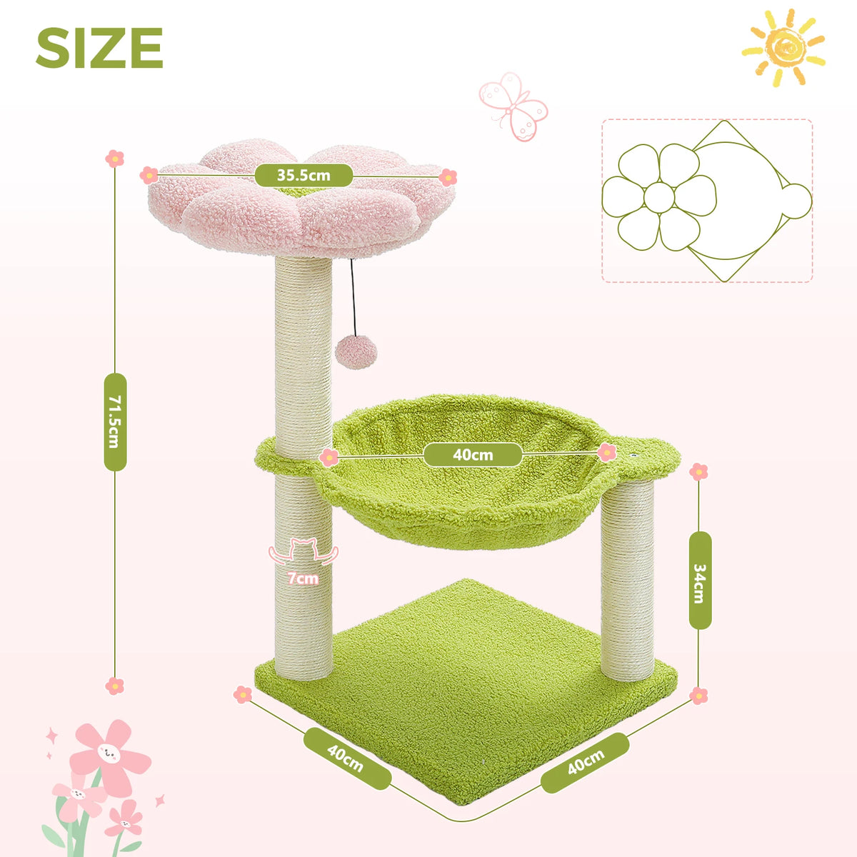 A pink flower cat tree with a green hammock and scratching posts, featuring a fluffy top perch and a square mat.