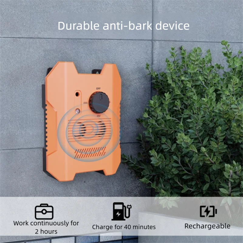 Orange ultrasonic dog bark deterrent device shown outdoors against a green bush