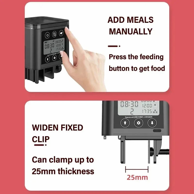 A hand is shown pressing a feeding button on an automatic fish feeder device, next to a fixed clip for feeding.