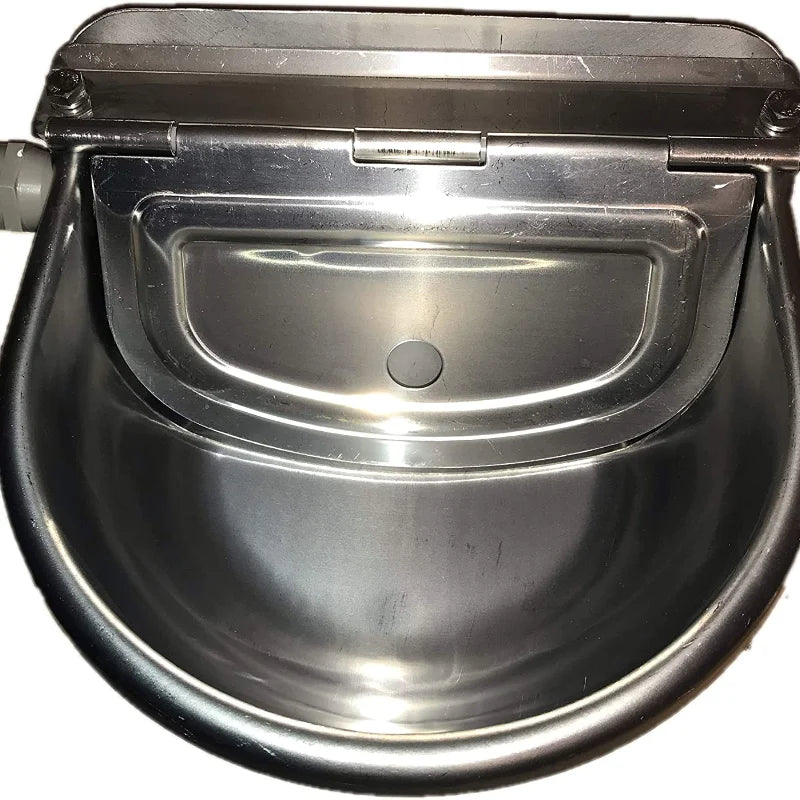 A stainless steel automatic floating water bowl designed for livestock.