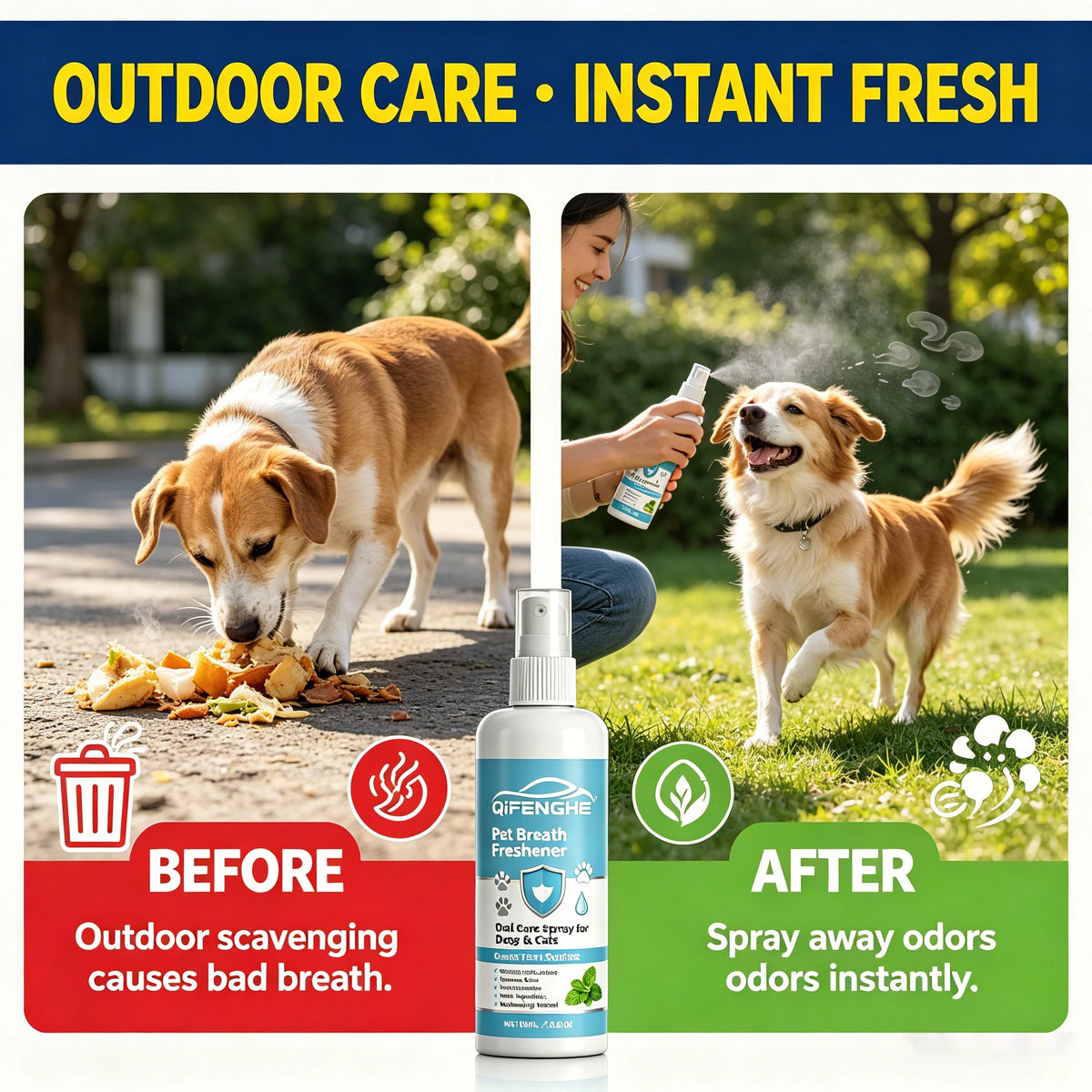 Before and after comparison showing a pet breath freshener spray for dogs and cats used outdoors
