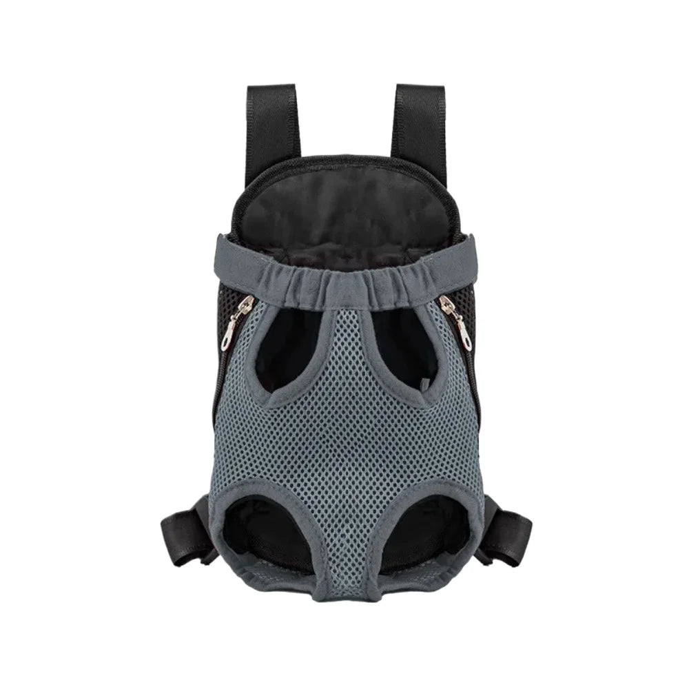 Gray breathable pet carrier backpack with mesh panels and zippers for small dogs and cats