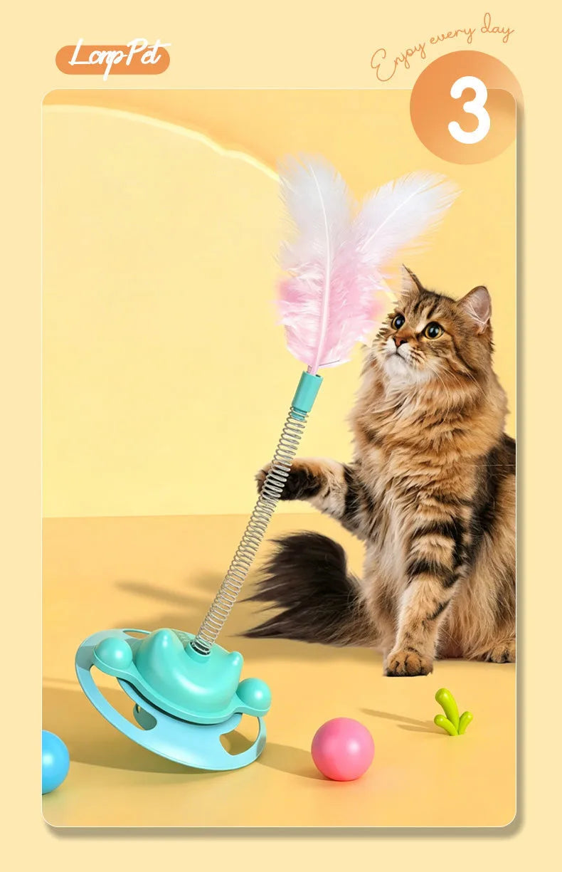Interactive Cat Turntable Toy with Feather Wand and Rolling Ball
