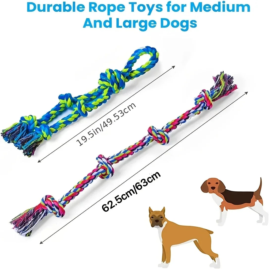 A colorful rope toy for dogs, shown with various lengths and used by a dog.
