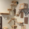 Wall-mounted wooden cat climbing hammock featuring multiple wooden shelves and steps for a pet.