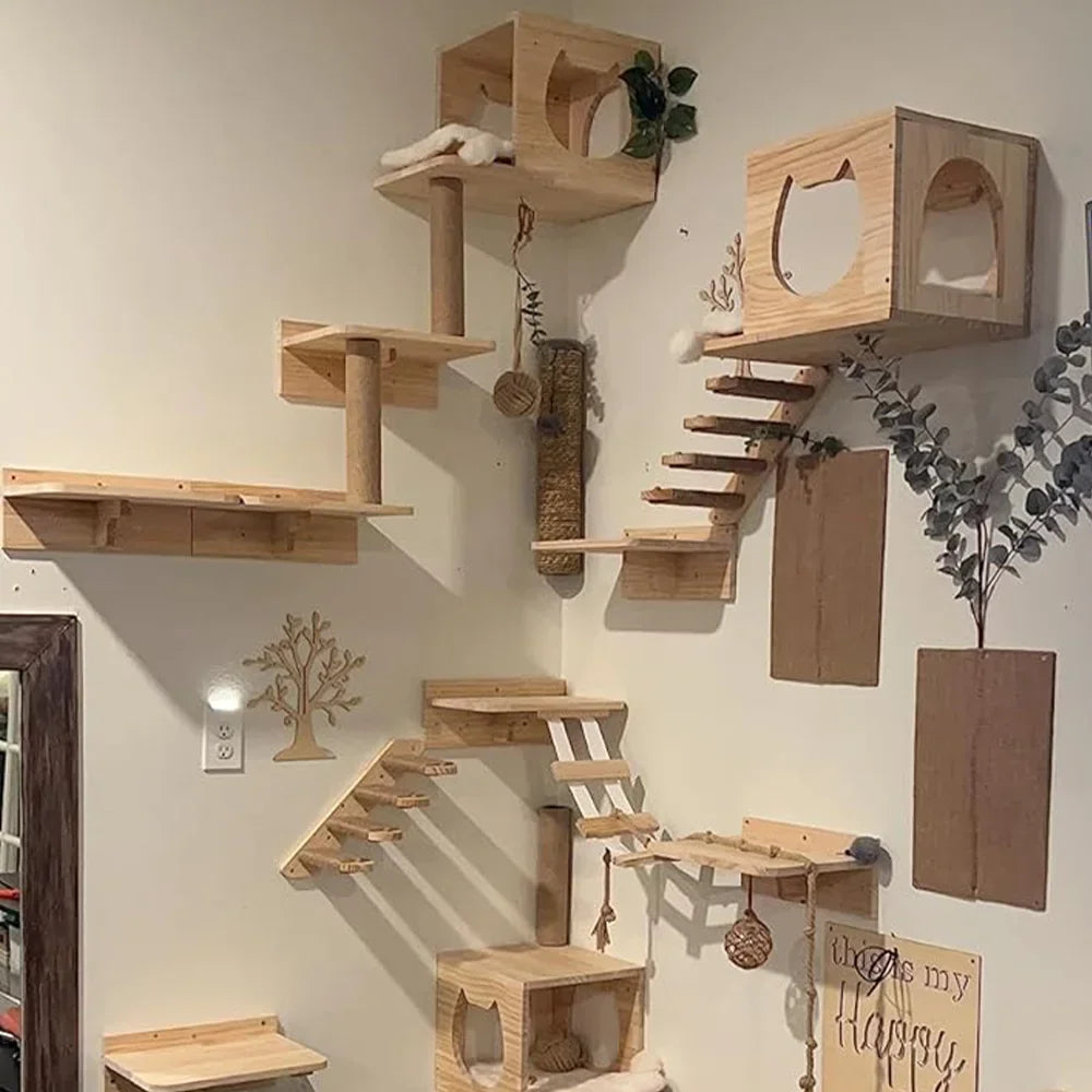 Wall-mounted wooden cat climbing hammock featuring multiple wooden shelves and steps for a pet.