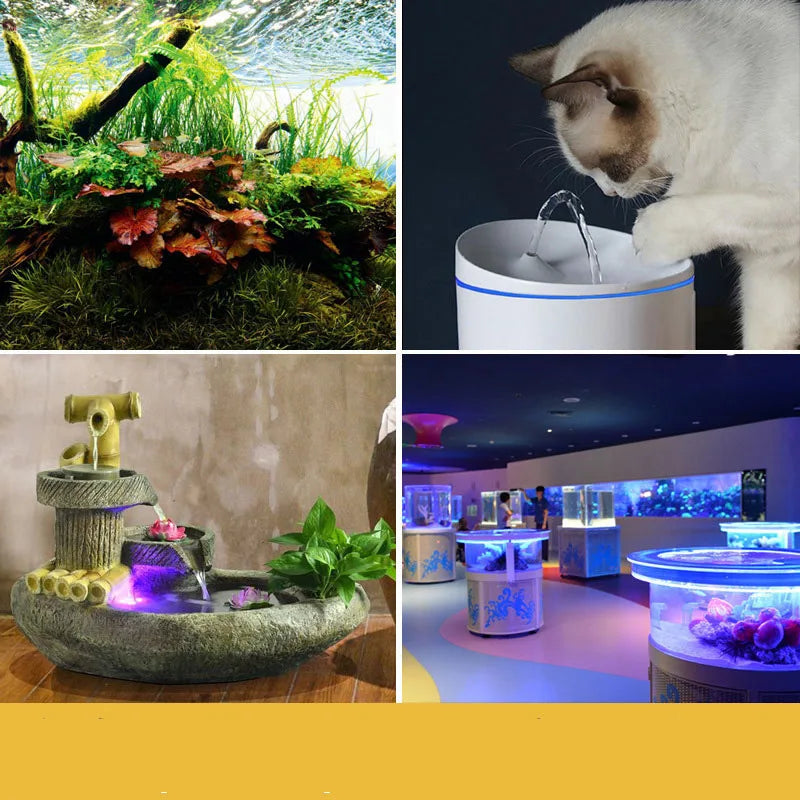 A white cat looking down at a water fountain, next to images of an aquarium pump and a decorative water feature.