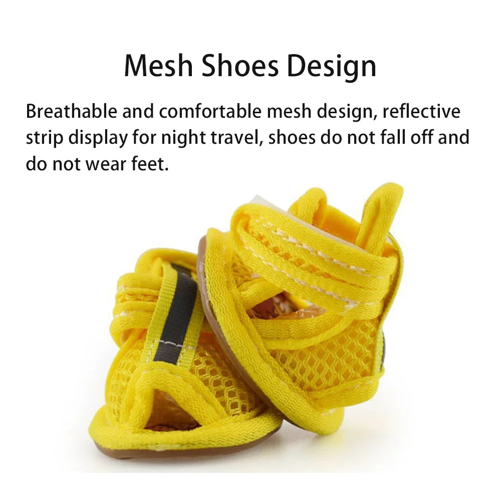 A pair of bright yellow mesh shoes designed for night travel and comfort.