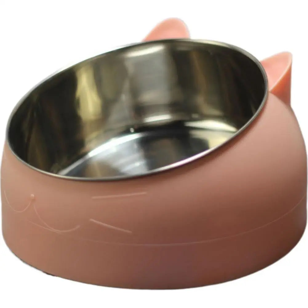 A pink ergonomic stainless steel pet bowl with a non-slip base.