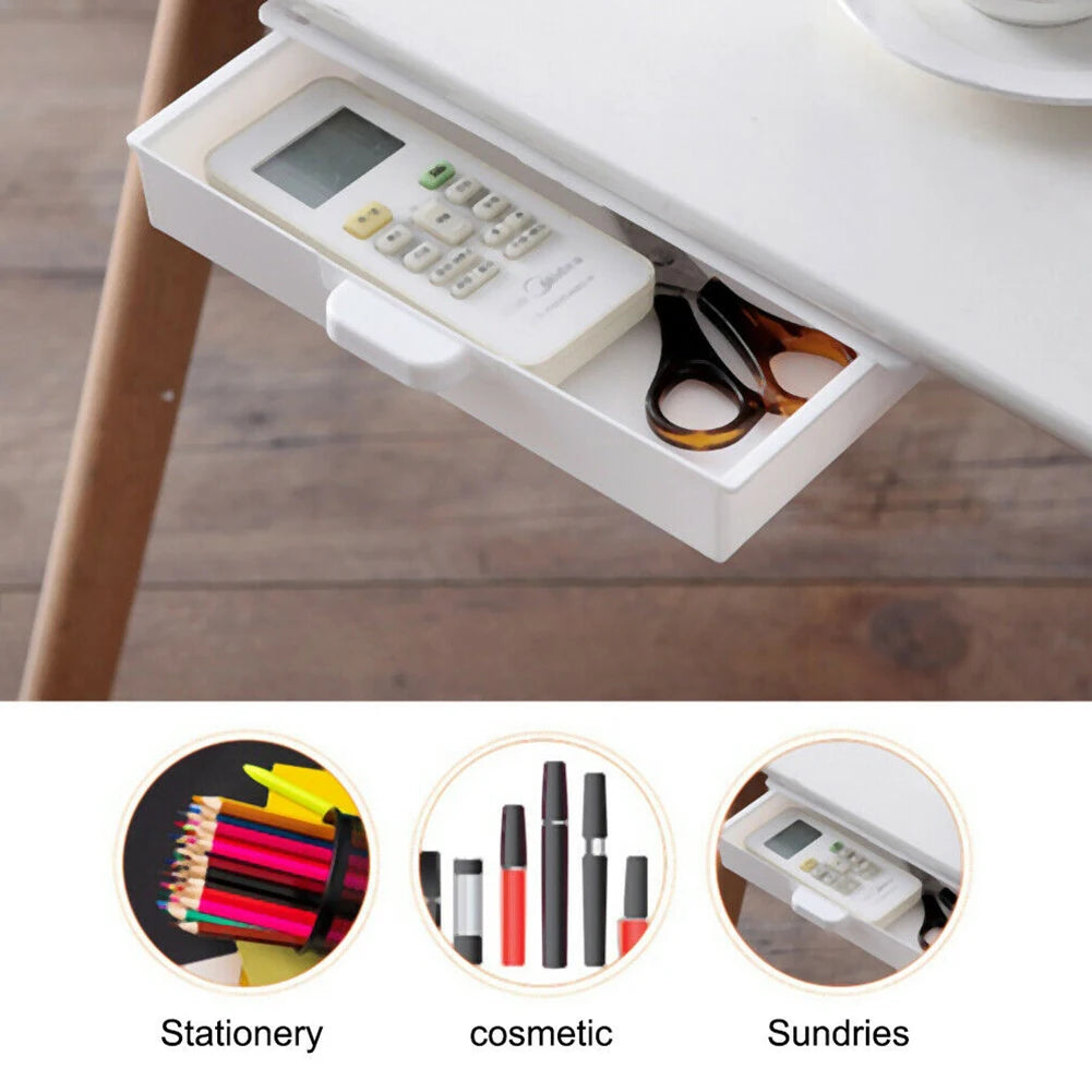 Under desk drawer organizer with dust-proof cover featuring stationery, cosmetic, and sundry items.