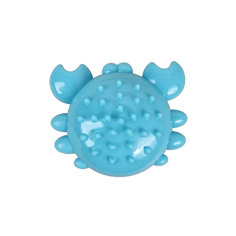 A light blue, durable squeaky chew toy shaped like a dog's teeth for cleaning molars.