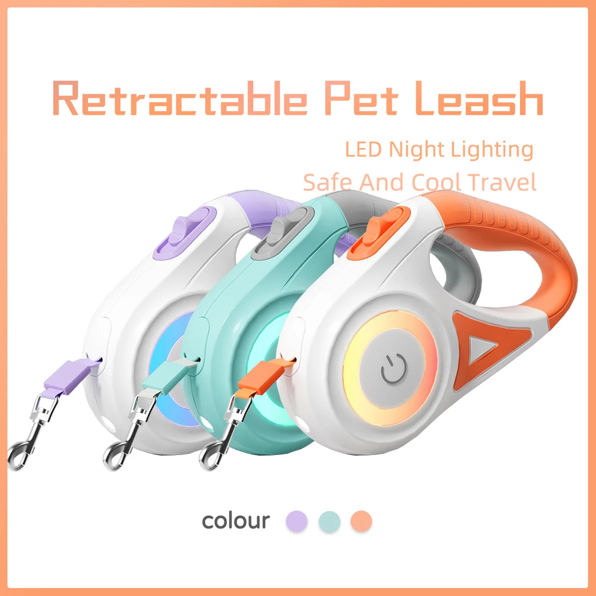 A set of colorful LED retractable pet leashes shown for safe and cool travel.