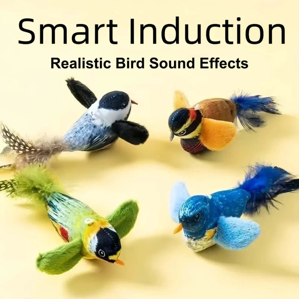 A collection of colorful bird toys featuring realistic feathers and catnip for smart induction sound effects.