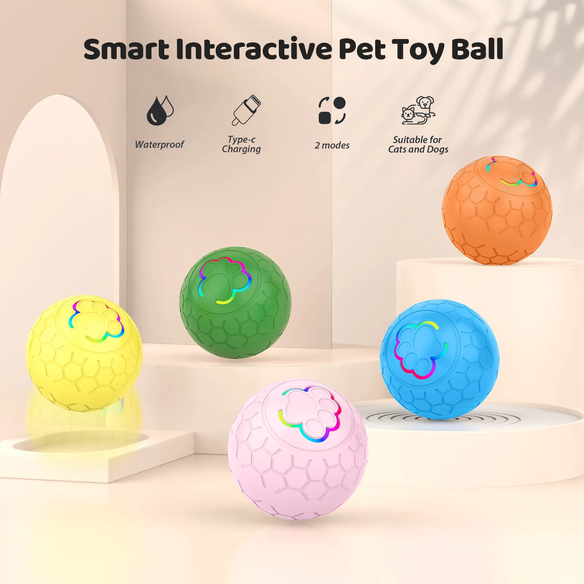 Ein orange, grün, blau und pinkes smartes interaktives Spielzeugball auf einem weißen Ständer mit Funktionen.