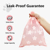 A hand holds a pink leak-proof pet waste bag with a dispenser, highlighting its extra thick, strong, and large capacity featu