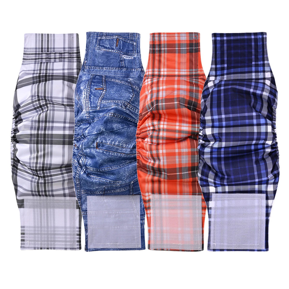 Four reusable washable sanitary belly bands for male dogs in plaid patterns: black and white, blue denim, orange plaid, and b