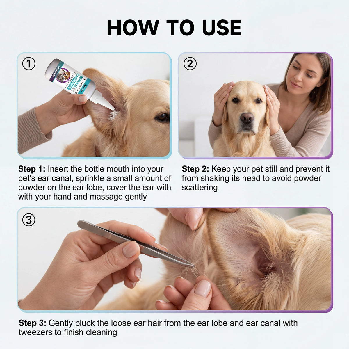 Instructions for using gentle pet ear cleaning powder, showing steps for cleaning the ear canal.
