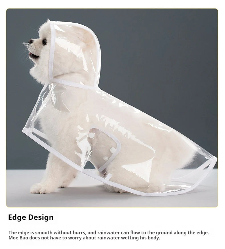 A transparent pet raincoat with a hood is shown on a white dog, demonstrating its waterproof edge design.