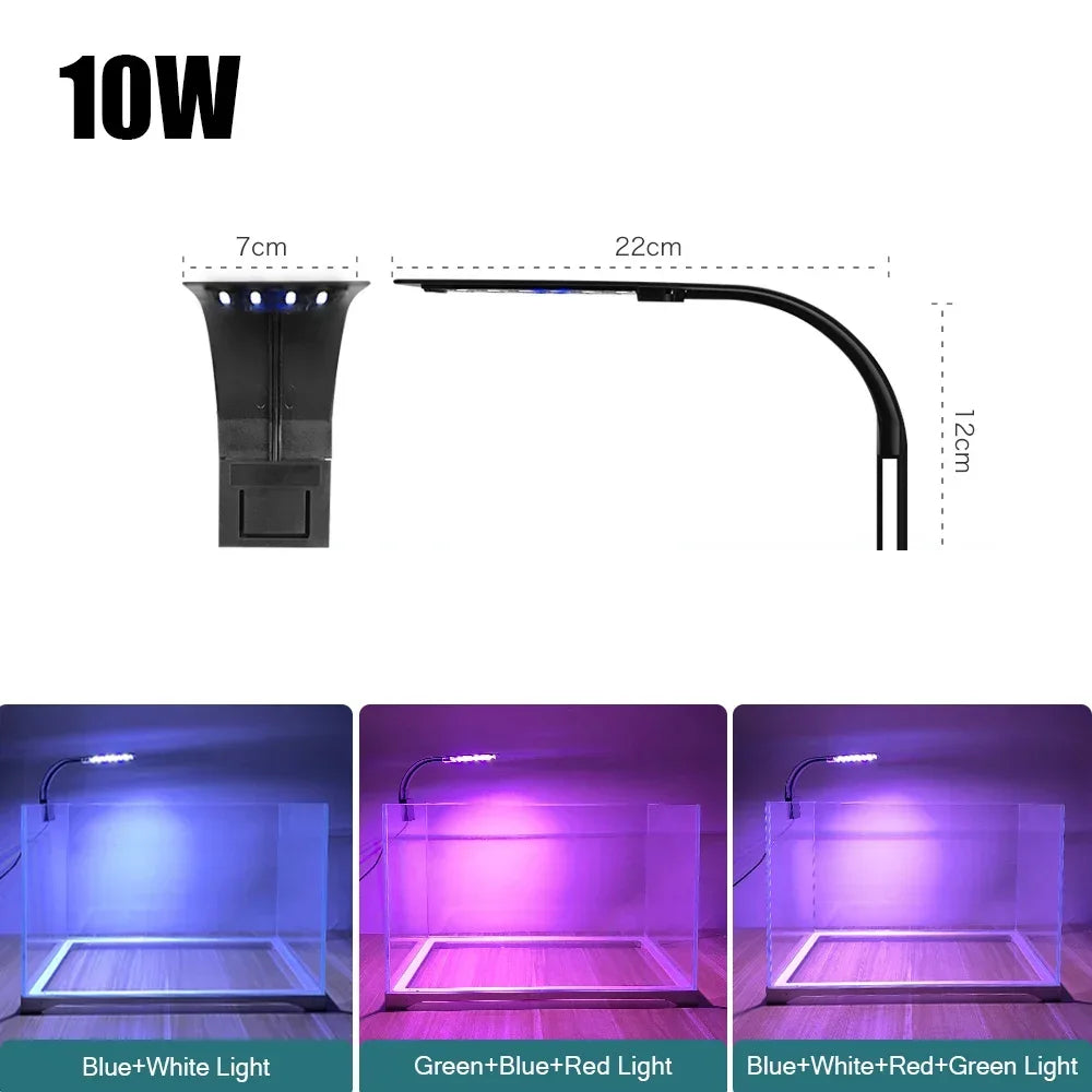 Slim clip-on LED aquarium light with blue, white, red, and green light options