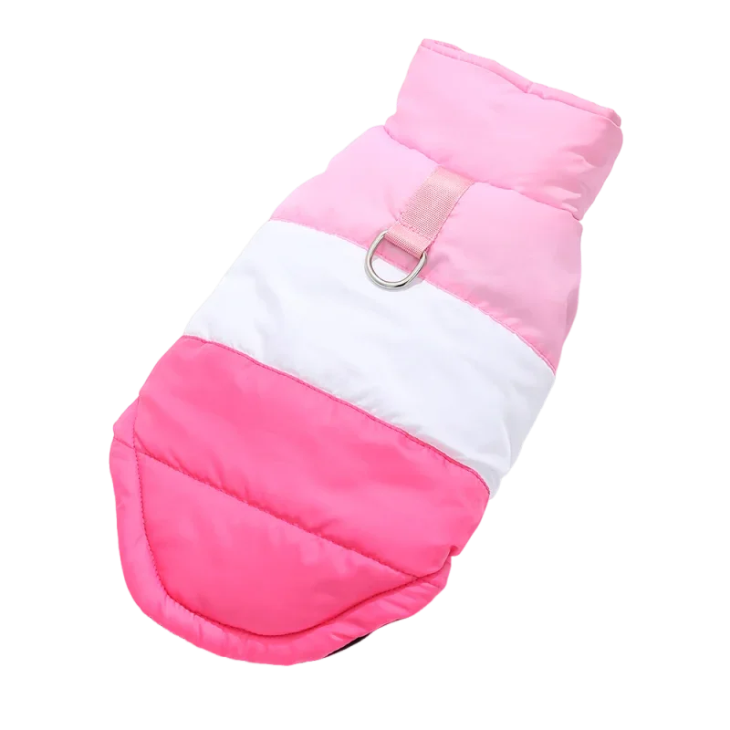 Pink and white padded windproof dog vest with a pink D-ring for small breeds