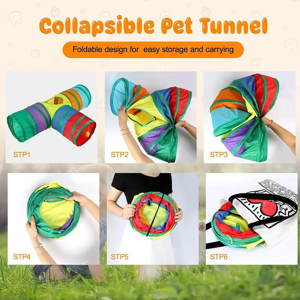 A six-step guide showing how to fold and carry a collapsible pet tunnel for small pets.
