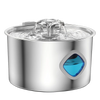 Stainless steel automatic cat water fountain with a blue filter visible on the side