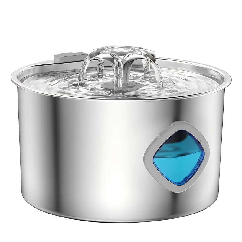 Stainless steel automatic cat water fountain with a blue filter visible on the side