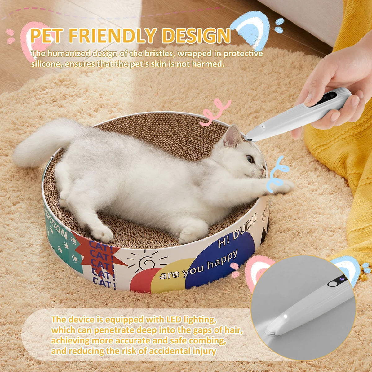 Eine weiße Katze wird mit einem kabellosen Pfleimesser zum sicheren und genauen Pflegen gebürstet.