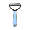 A black pet detangling comb with a light blue handle and stainless steel teeth.