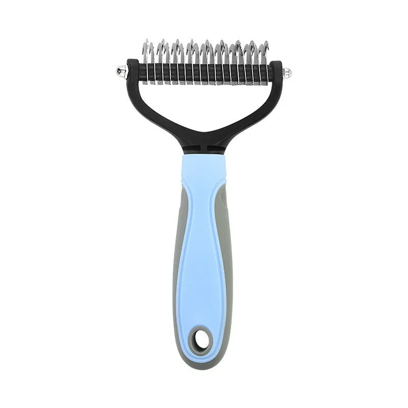 A black pet detangling comb with a light blue handle and stainless steel teeth.