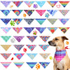 A collection of colorful, patterned dog bandanas and scarves displayed in a triangular layout.