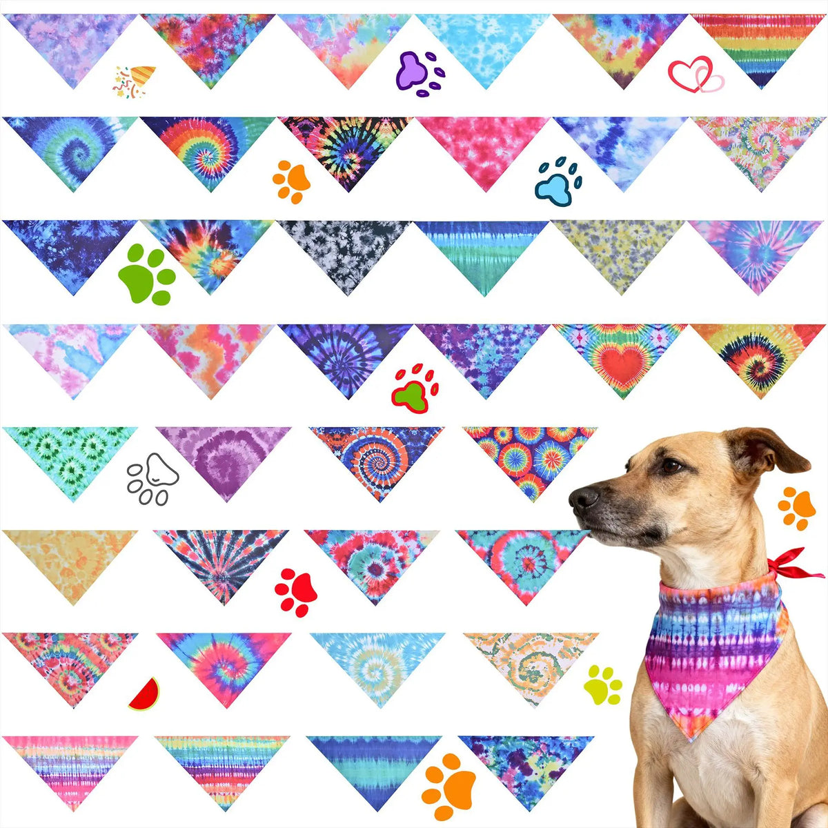A collection of colorful, patterned dog bandanas and scarves displayed in a triangular layout.