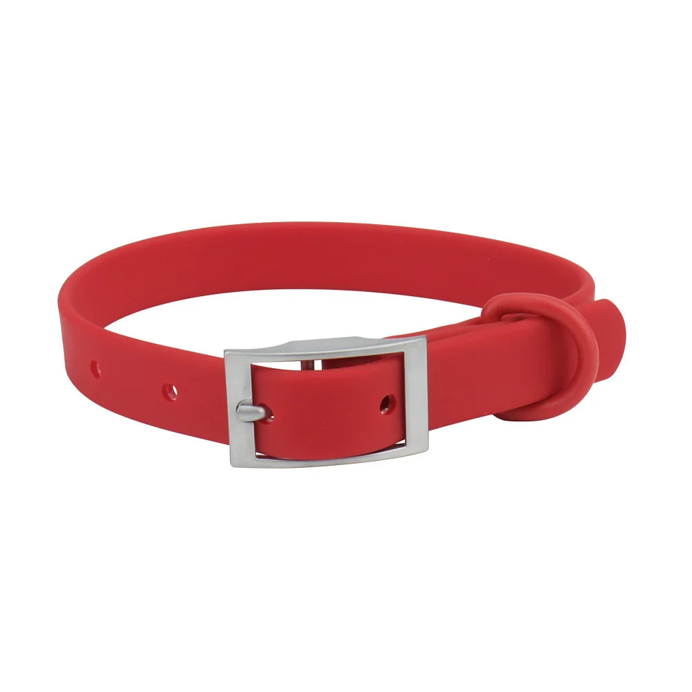 A red adjustable PVC pet collar with a silver buckle for dogs and cats.
